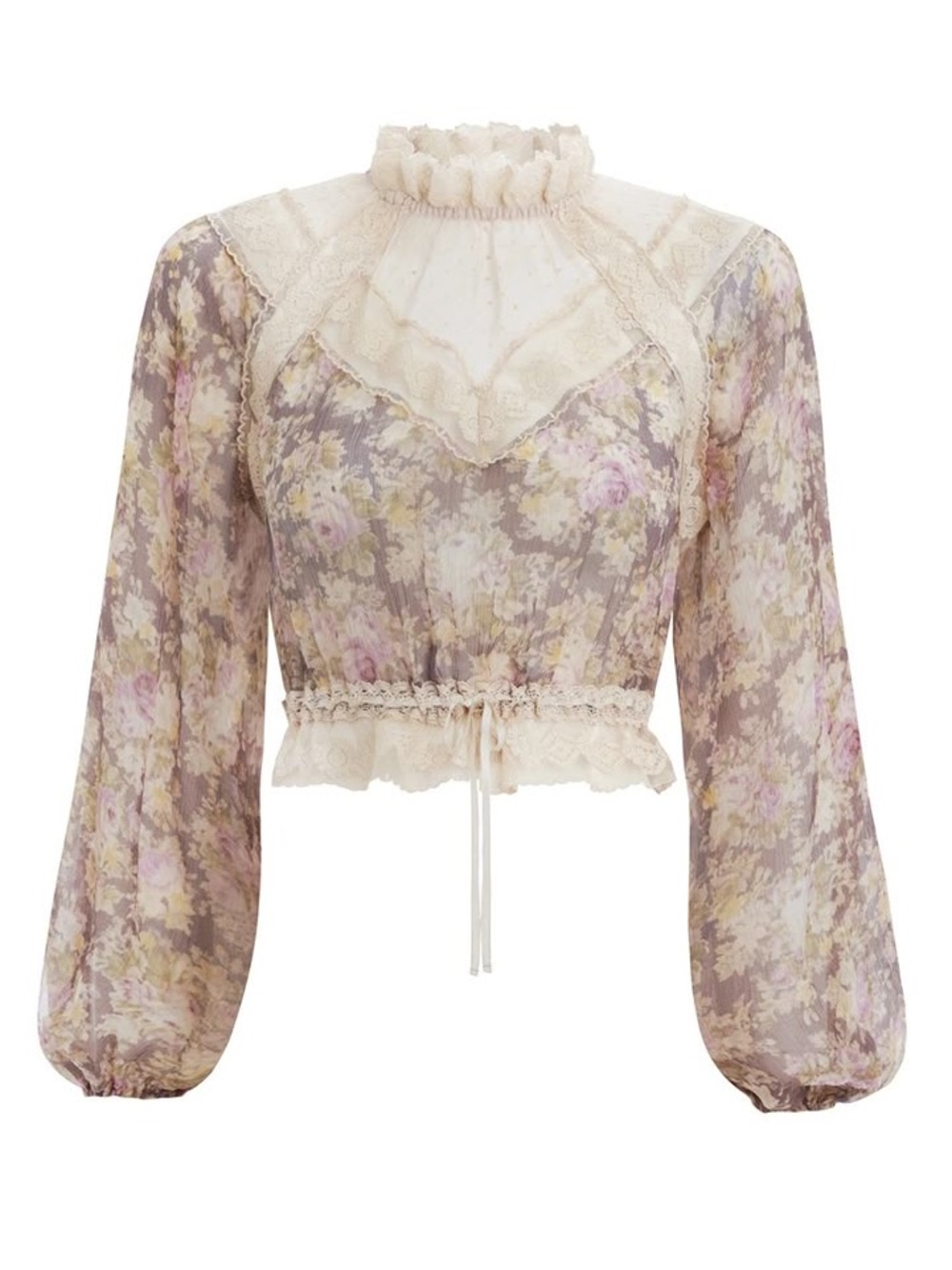 Zimmermann Cream and Purple sheer silk Floral Lace-Trim Blouse Victorian
